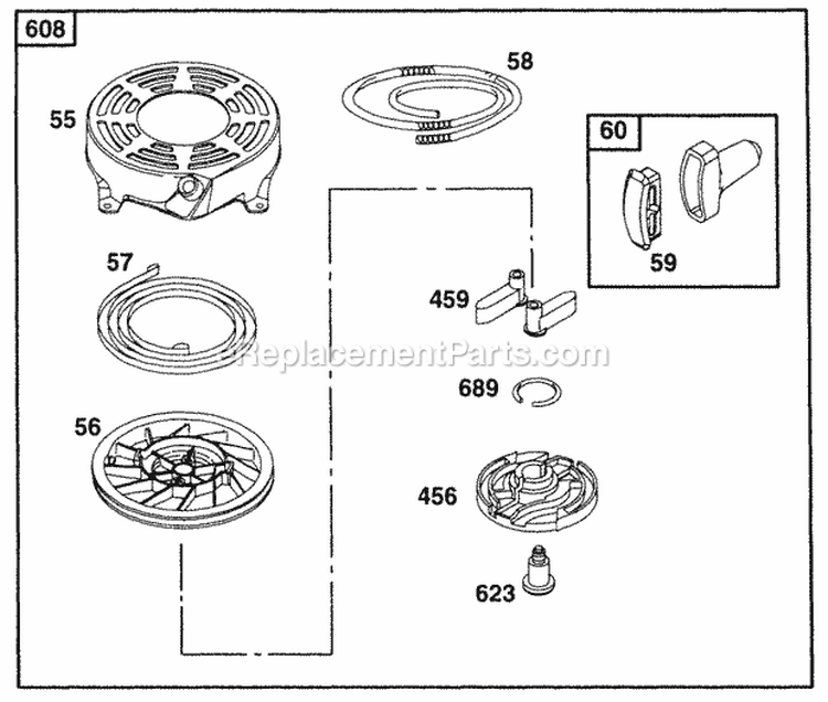 Rewind Assembly Diagram and Parts List for 135702-0015-01  Briggs and Stratton Engine